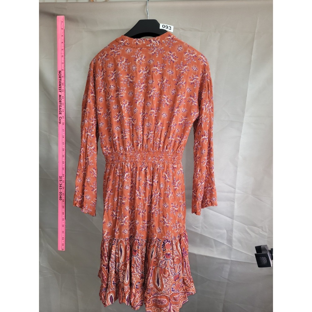 Xola P. Orange Floral Shirt Dress Smocked Waist V-Neck Long Sleeve M - Picture 7 of 7
